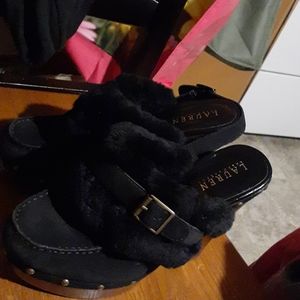 Black suede shearling clogs studded platform